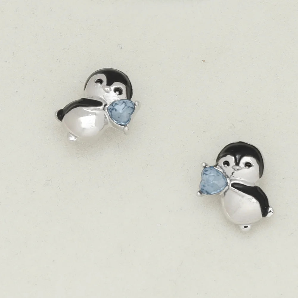 Cute Little Penguin Blue Heart Stud Earrings, Cool Party Jewelry, Valentine's Day Gift for Women Mom Family Friends Anniversary