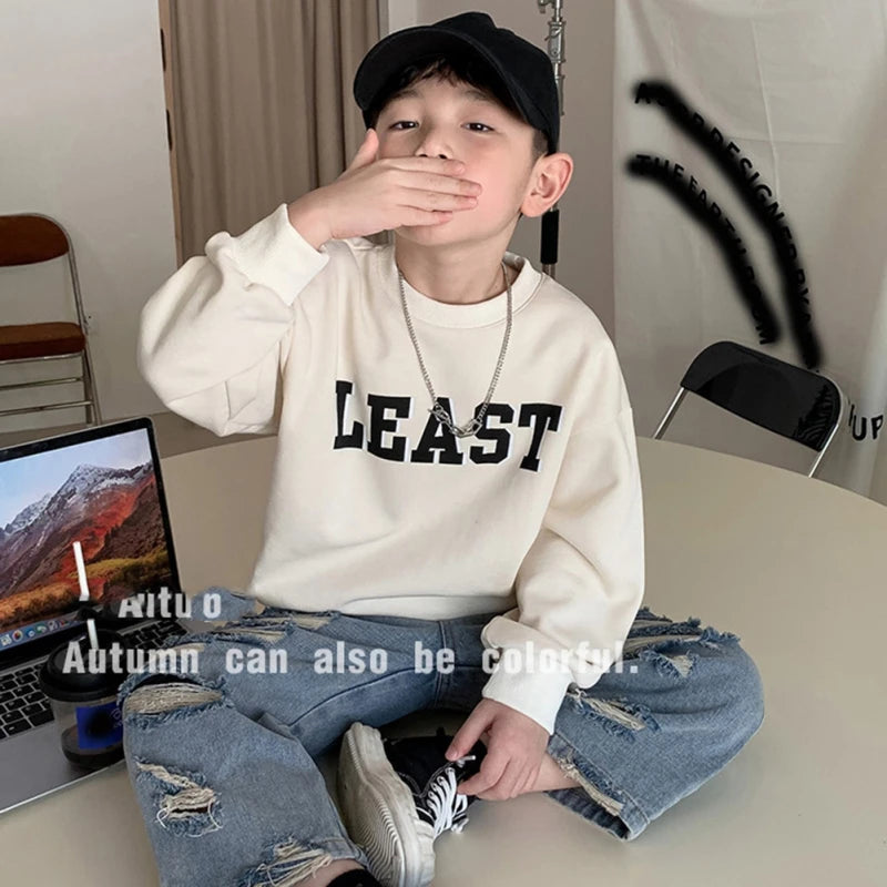 Children's Sweatshirt Fall Casual Thin Long Sleeve Crewneck Letter Print Pullover Spring Clothing Kids Boys Tops Clothes