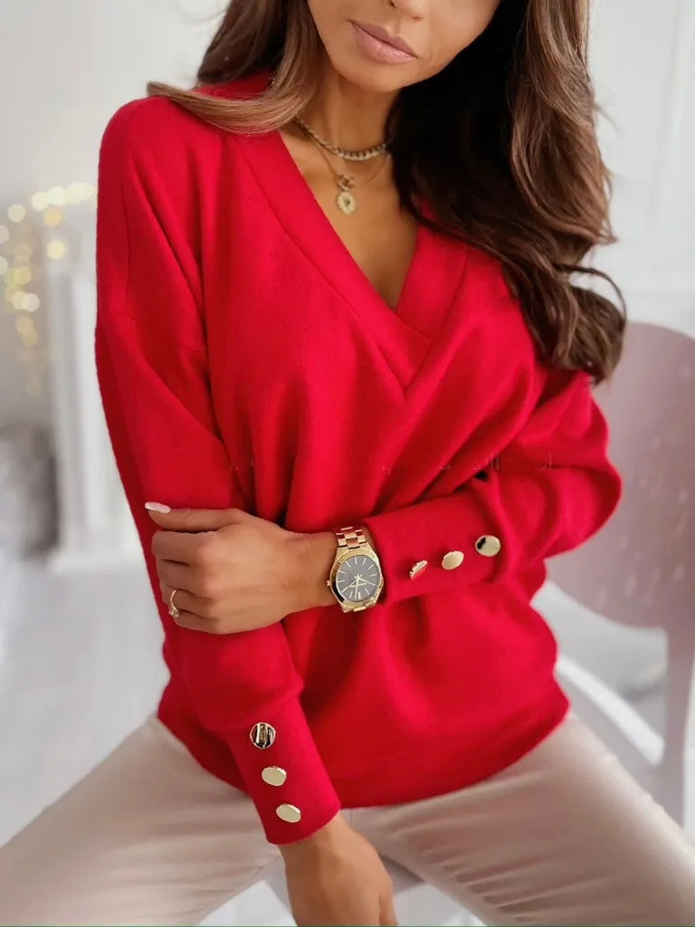 2023 loose Women's Clothing Pullovers Jumpers Spring Autumn New Casual Loose Solid Button V-Neck Long Sleeve for Women Sweaters