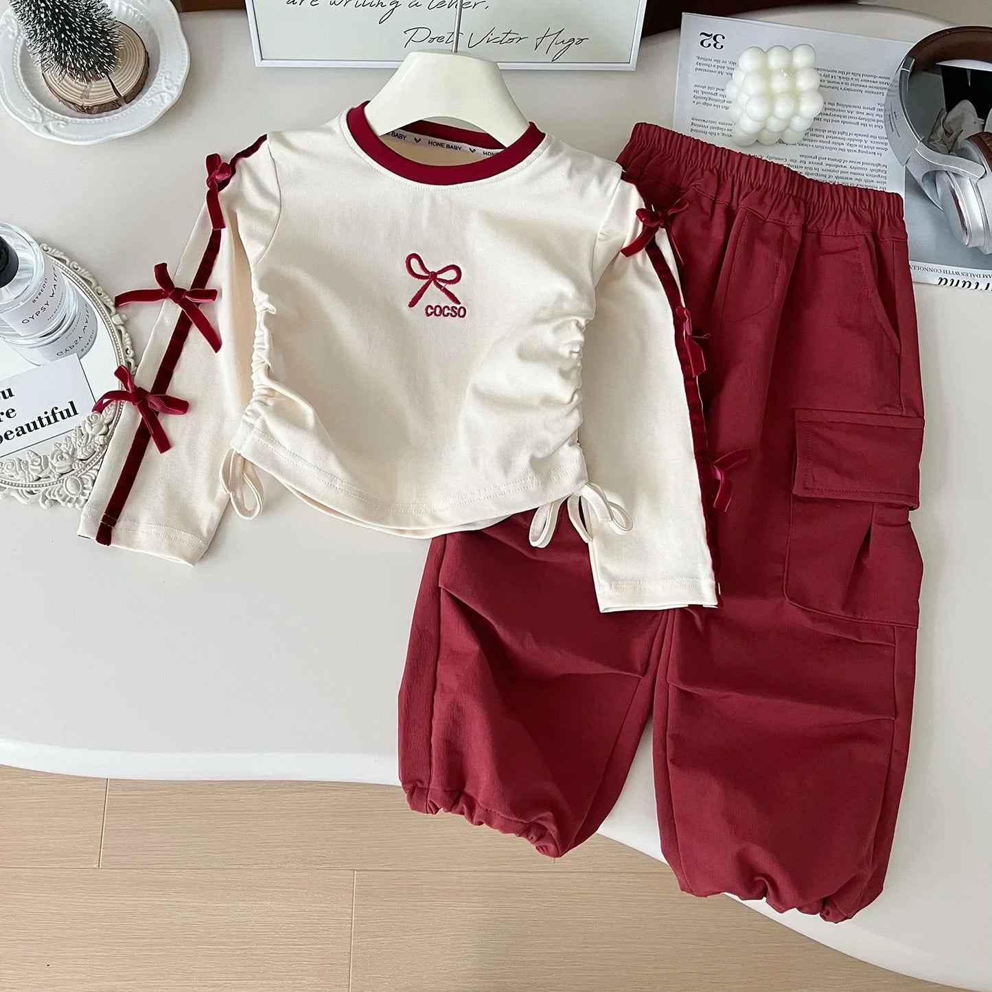 Autumn Girls Two-piece Set Printed Bow Waist Top+Solid Color Cargo Pants Toddler Girl Clothes  Kids  Kids Clothes Girls