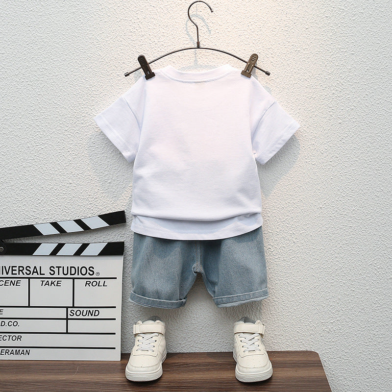 Summer New Baby Boys Clothes Cartoon Sports T-Shirt + Ripped Denim Shorts Sets for Toddler Infant Clothing Casual Outfits