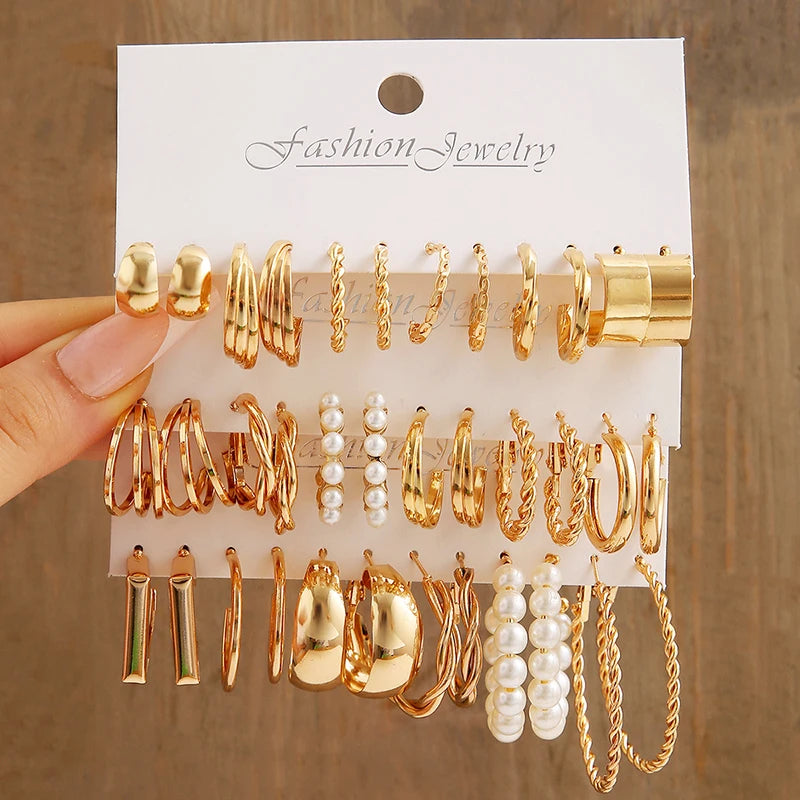 18Pcs Of Suit Women Earrings C Shaped Geometric Fake-pearl Fashion Metal Earrings Atmospheric Queuing Alloy Of Gold-color Trendy