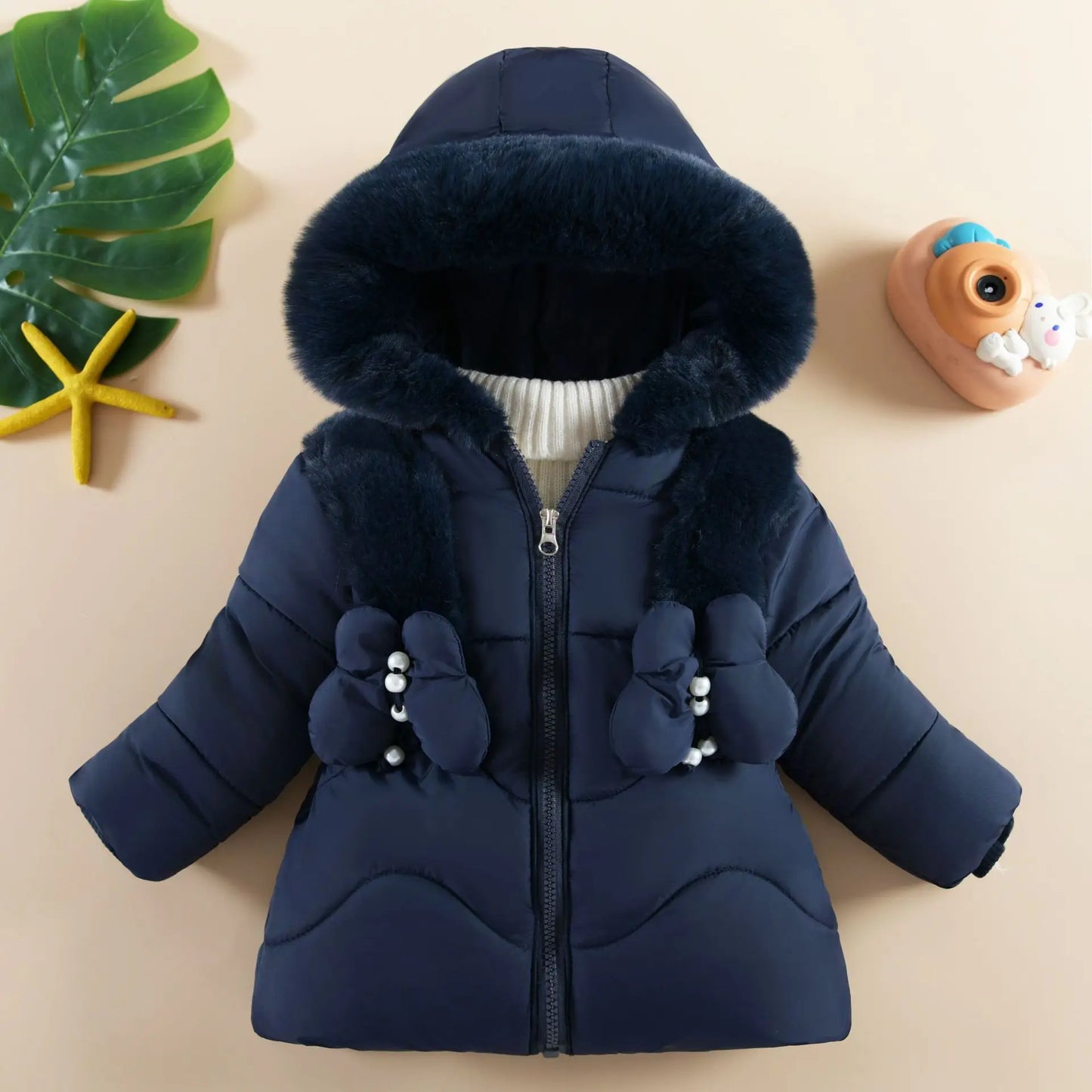 1 2 3 4 Years Baby Girls Jacket Winter New Solid Color Butterfly Decoration Lining Plush Warm Hooded Zipper Down Cotton Outwear