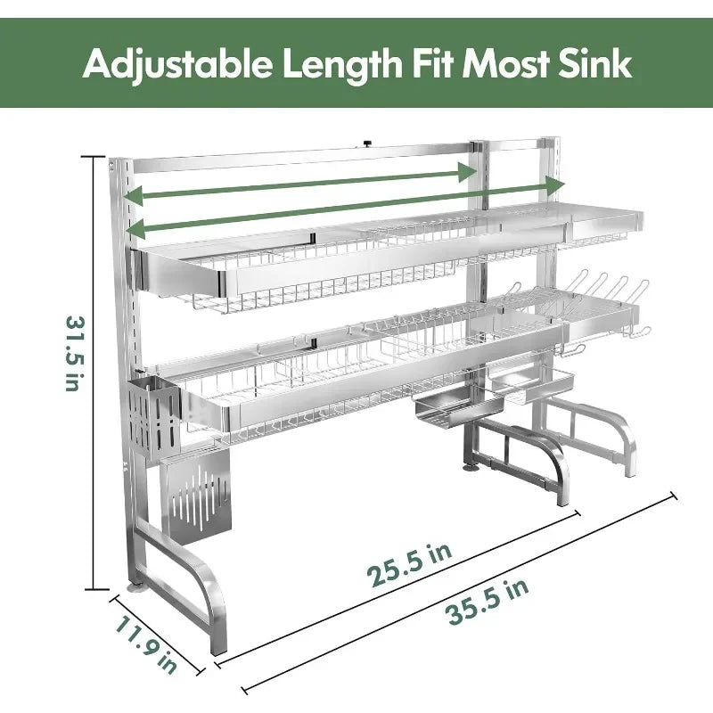 BOOSINY Over Sink Dish Drainer Drying Rack,Adjustable (25.5"-35.5")3 Tier Large Dish Racks for Kitchen Storage Counter Organizer