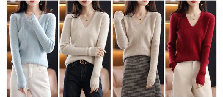 Women Wool V-neck Sweater Bottoming Jumpers Solid Autumn Winter Soft Warm Woman Sweater Knitted Basic Slim Pullovers Tops