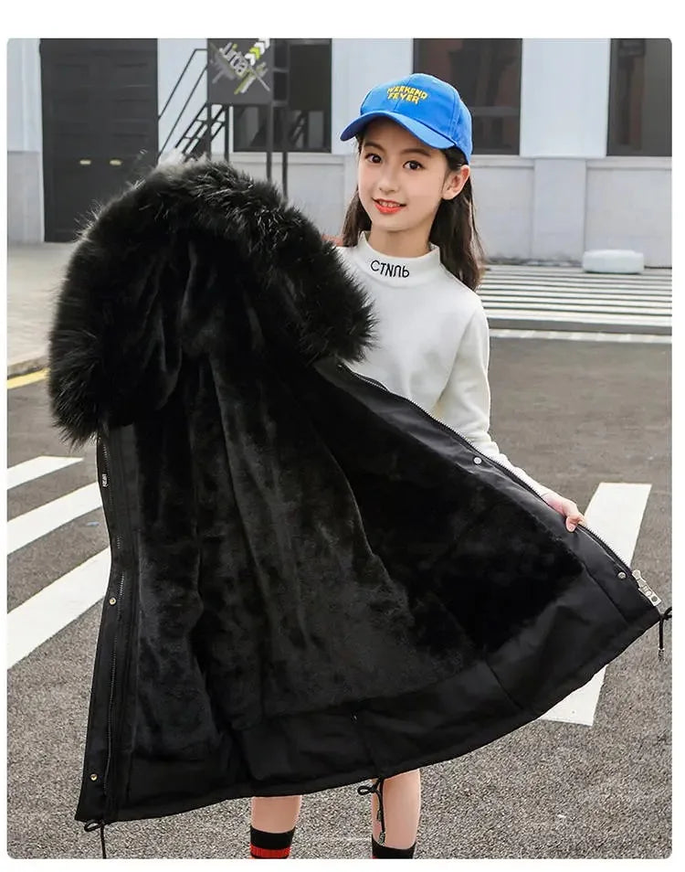 5-14 Years Teen Girls Winter Jacket Plus Velvet Warm Kids Windbreaker Coat For Girls Fur Collar Hooded Parkas Children Outerwear