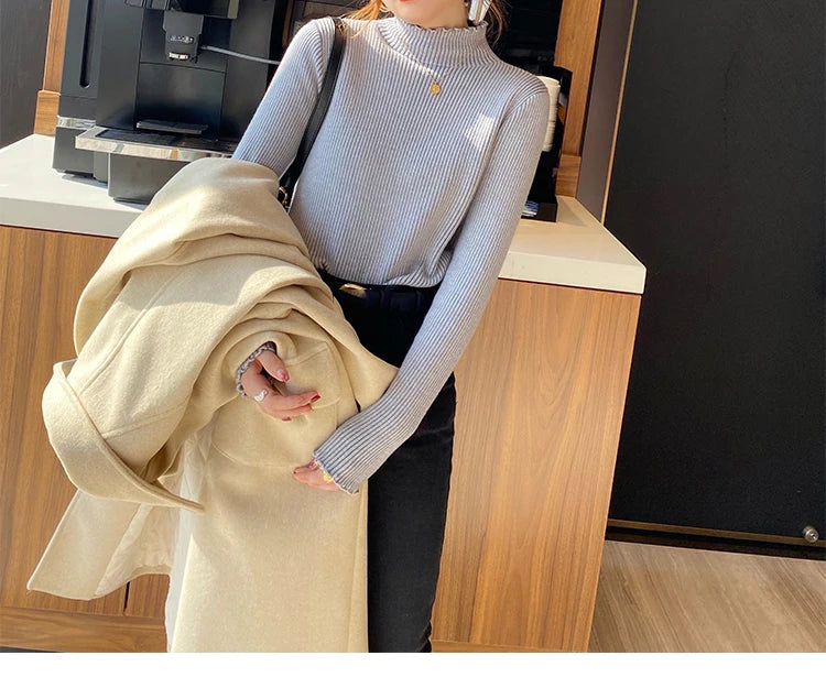 Autumn Winter Women Ruffles Mock Neck Sweater Thicken Fleece Warm Thermal Pullover For Women Cashmere Sweater 2023