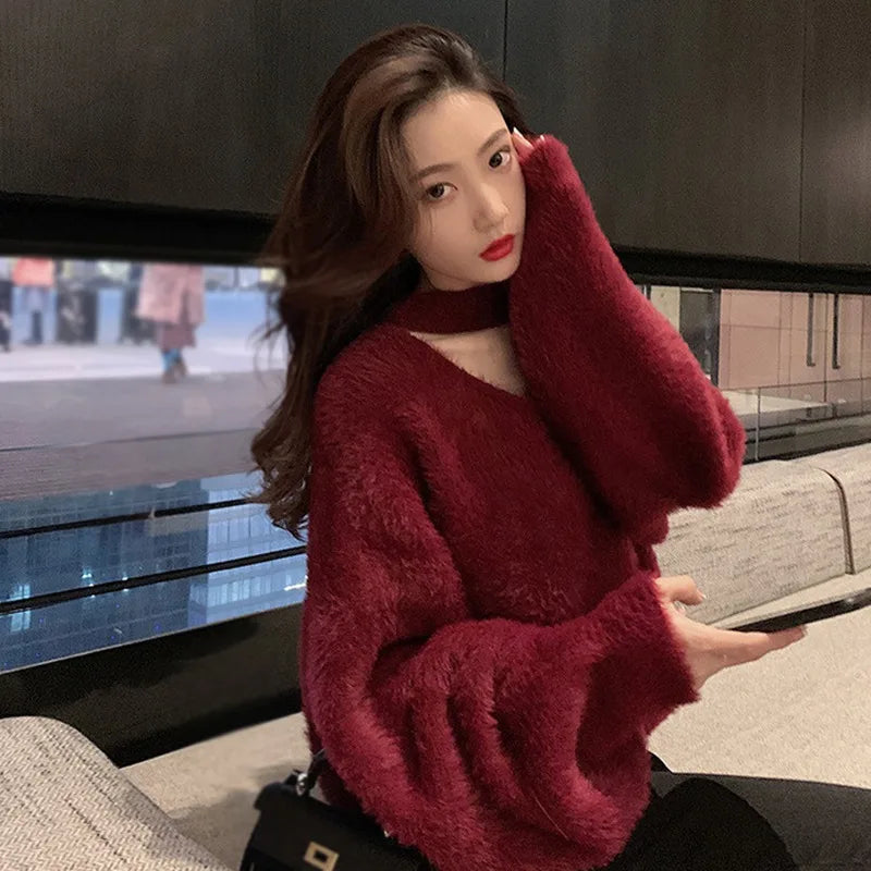 Autumn and Winter Fashion Women Loose Sweater Hanging Neck Solid Color Korean Version V-neckKnitwear