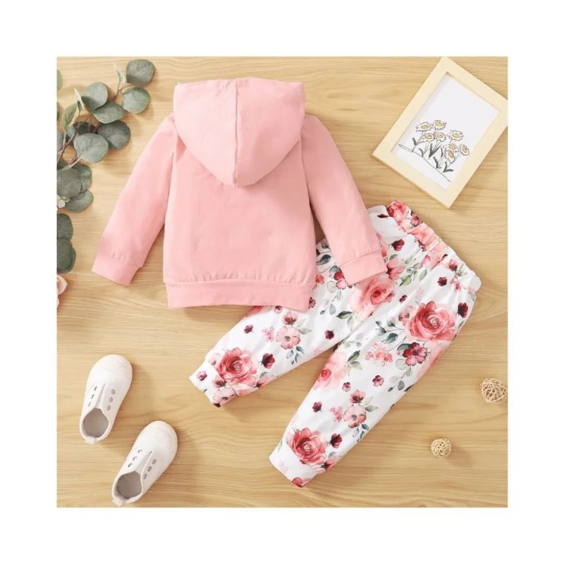 2PCS Kids Girl Clothes Set Letter&Floral Print Long Sleeve Hooded Top+Pants Fashion Lovely Outfit for Children Girl 1-4 Years