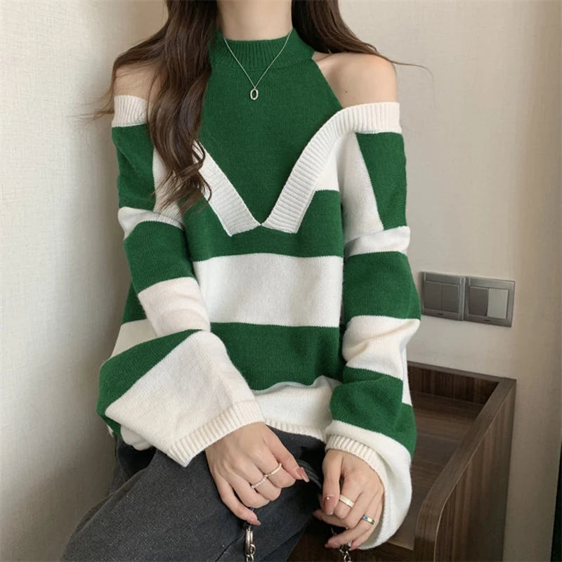 Y2K Stripe Halter Women Sweaters Korean Knitted Loose Patchwork Female Pullovers Autumn Preppy Style All Match Chic Ladies Tops