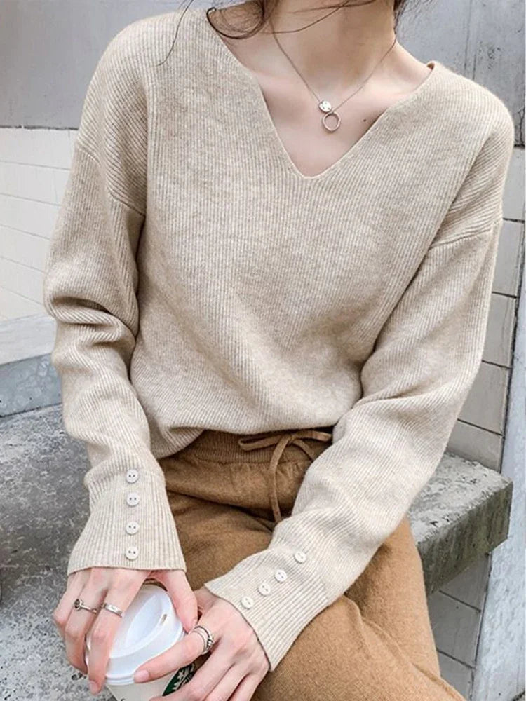 Women Sweater Autumn Winter Knitted Tops Pullovers V-neck Casual Solid Soft Knitwear Jumpers Basic Female Sweaters Korea