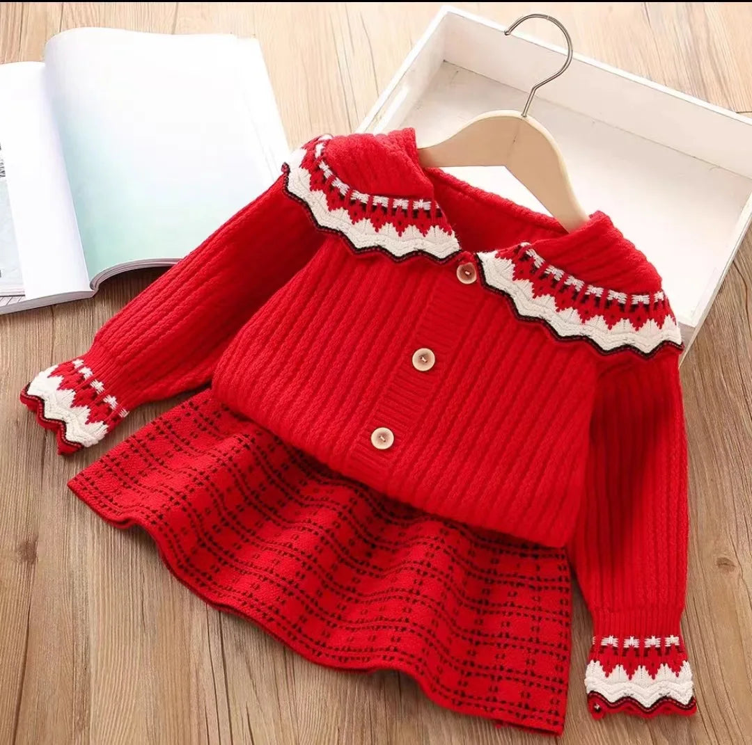 Toddler Girls 2pcs Set Botton Front Collar Knitwear + Skirt Kids Clothes Gift Winter Wear Cardigan and Skirt