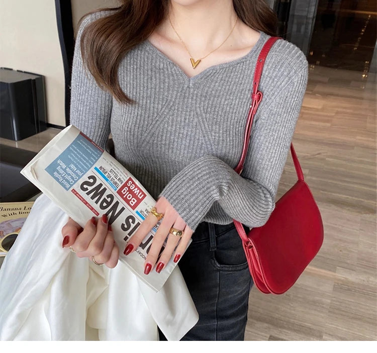 HELIAR Women V-Neck Slim Bottoming Sweater Long Sleeve Knit Warm Casual Pullovers Office Sweater For Women 2024 Autumn Winter