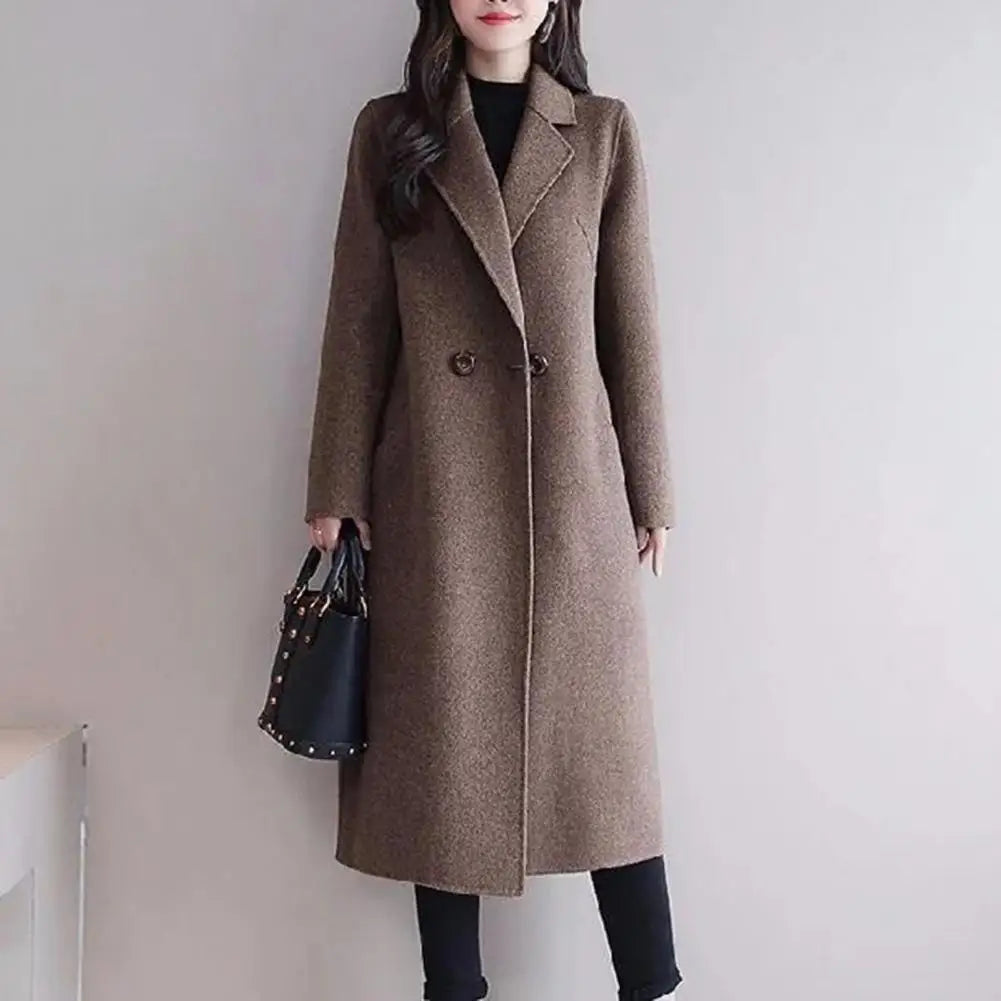 Women Woolen Coat Elegant Lapel Woolen Coat with Two Buttons Pockets for Women Stylish Mid-length Cardigan Outwear for Autumn