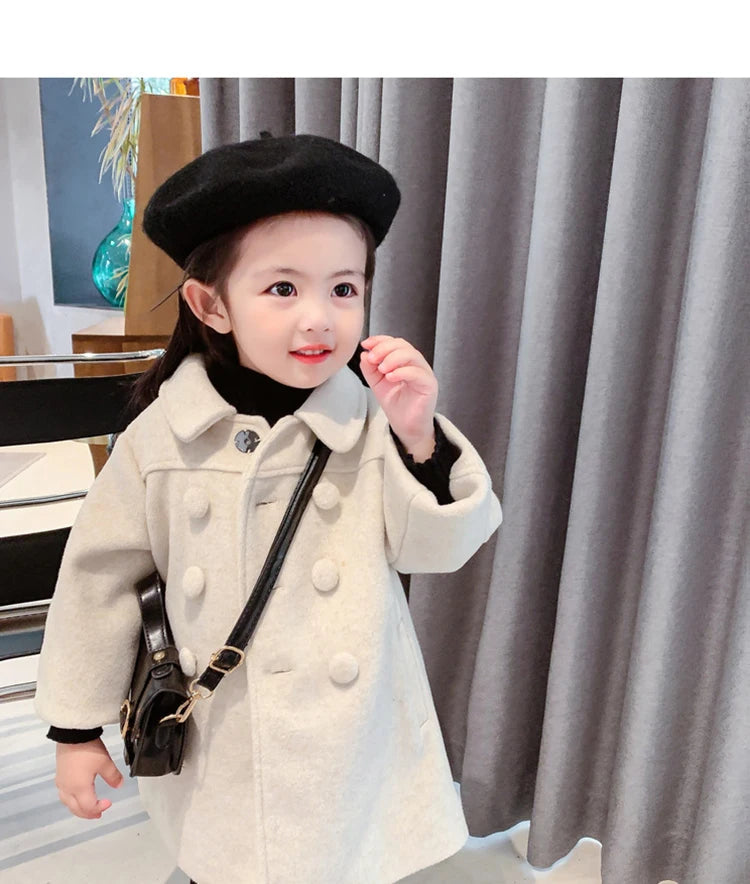 1-7 Years Girls Wool Coats New Fashion Korean Version Long Kids Jacket Spring Autumn Double Breasted Children Outerwear Clothing