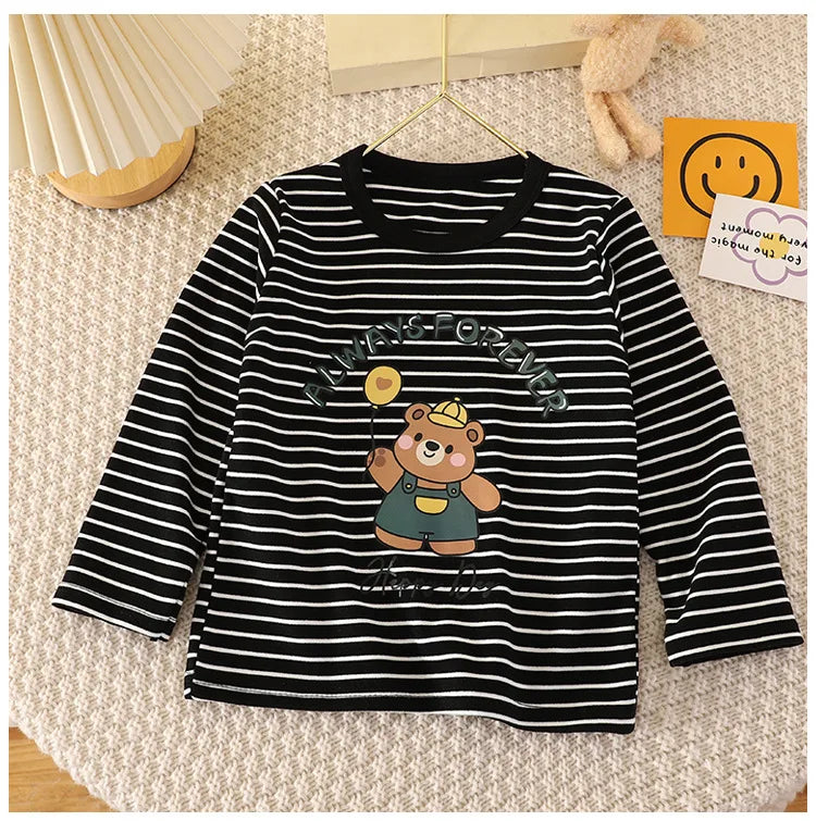 Baby Striped Shirt Autumn Winter Costume Child Boys Girls Cartoon Casual Loose Long-sleeved Tops Underwear