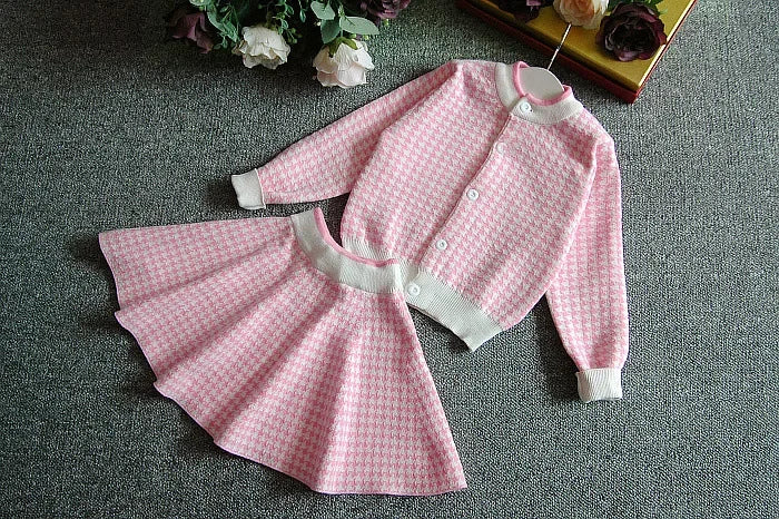 2024 Autumn Little Girl Pink Plaid Sweater Sets Winter Kids Korean Style Casual Cardigan Sweater Baby Girl Toddler Clothing