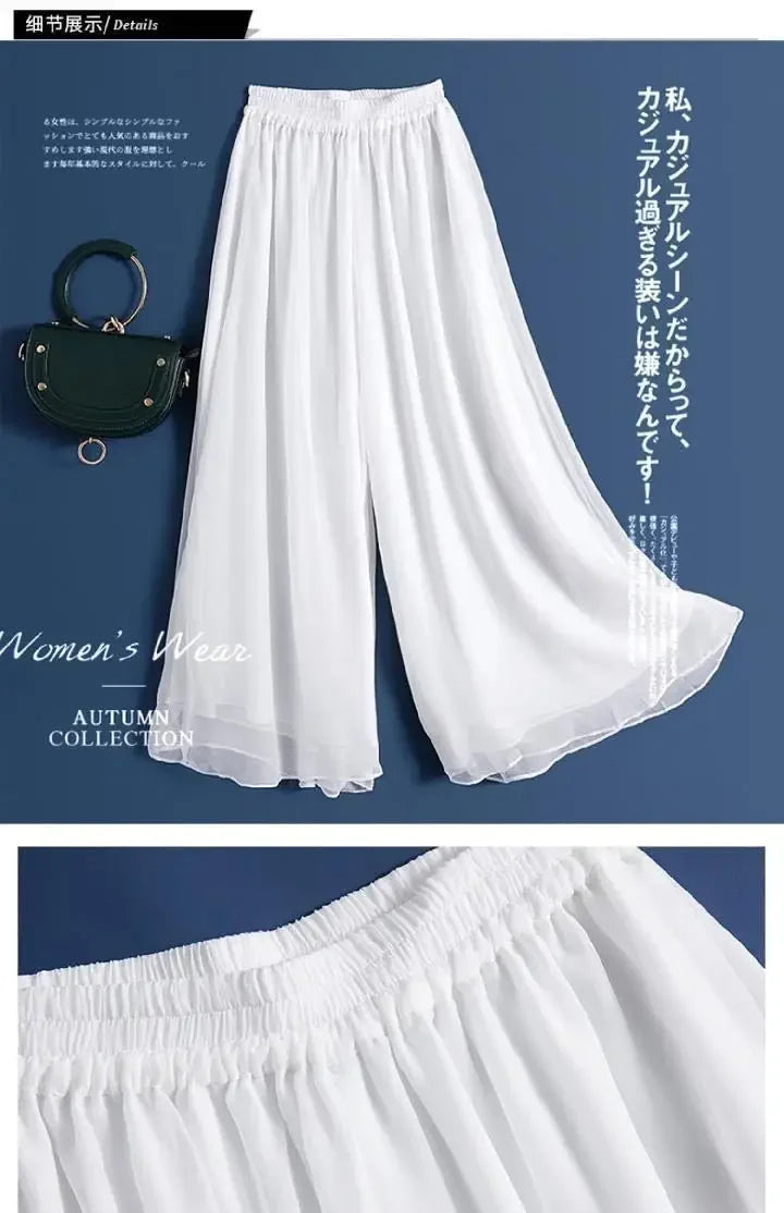 New Summer White Drape Chiffon Wide-Leg Pants Casual Chiffon Trousers Pants Women Clothing Loose High Waist Slim Skirt bd67