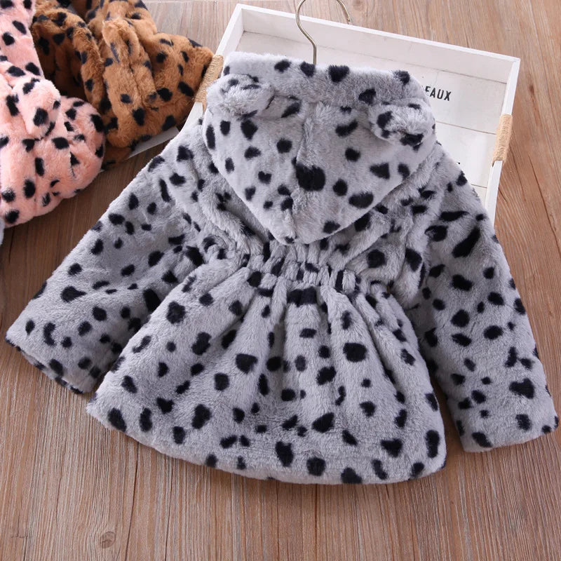 Autumn Winter Plush Baby Girls Jacket Fashion Leopard Print Warm Faux Fur Coat For Girls Hooded Outerwear 2-8 Years Kids Clothes