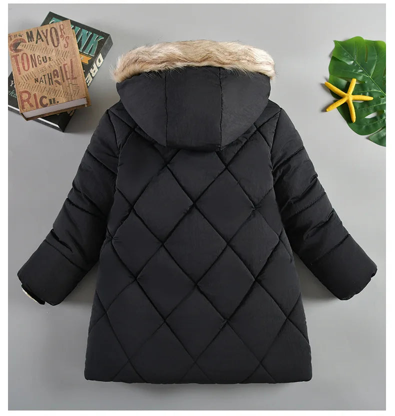 2024 Winter New Boys Jacket Solid Color Lining Plush Keep Warm Fur Collar Hooded Zipper Outerwear For 4-10Y Teen Kids Snowsuit