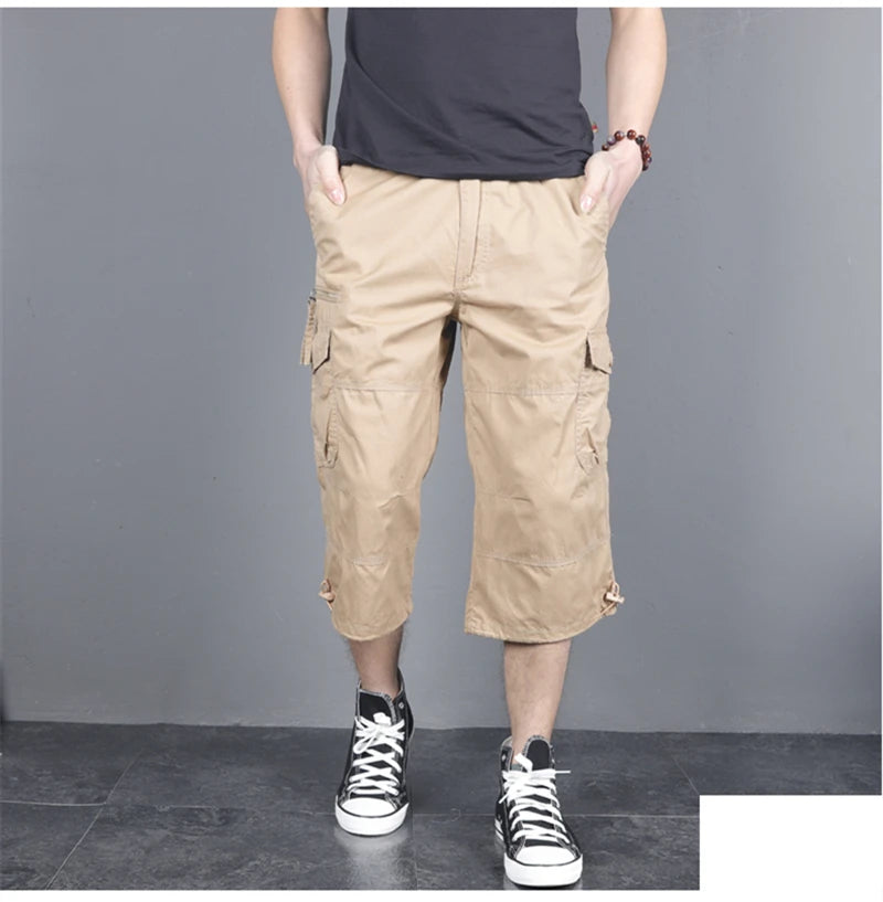 Long Length Cargo Shorts Men Summer Multi-Pocket Casual Cotton Elastic Capri Pants Men Military Tactical Short Hot Breeches 5XL