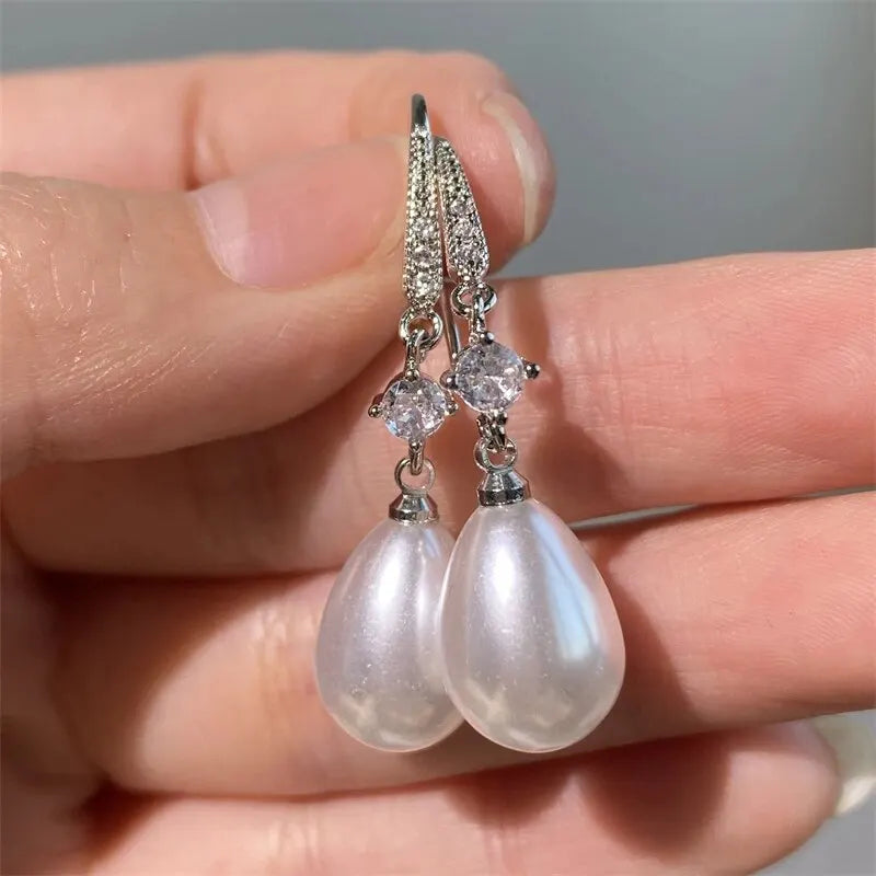 Fashion Water Drop Pearl Zircon Dangle Earrings for Women Bridesmaid Wedding Jewelry