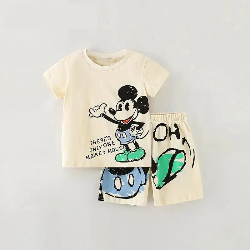 2024 Summer New Disney Mickey Boys Tracksuit Short Sleeved Suit Cartoon Fashion Casual Kids Clothing T-shirt + Shorts Outfits