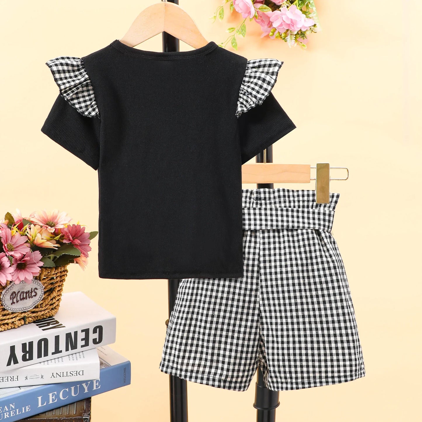 Plaid Splicing Two-Piece Set, Ruffle Short Sleeve Top + Plaid Shorts Set Sweet Fashion Clothes Girls Summer Outfit