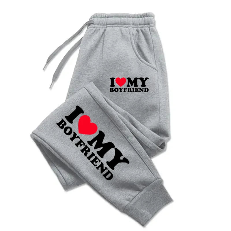 Autumn Woman Man Couple Sweatpants I Love My Boyfriend Print Tracksuit Loose Casual Warm Pants Pocket Drawstring Sportswear