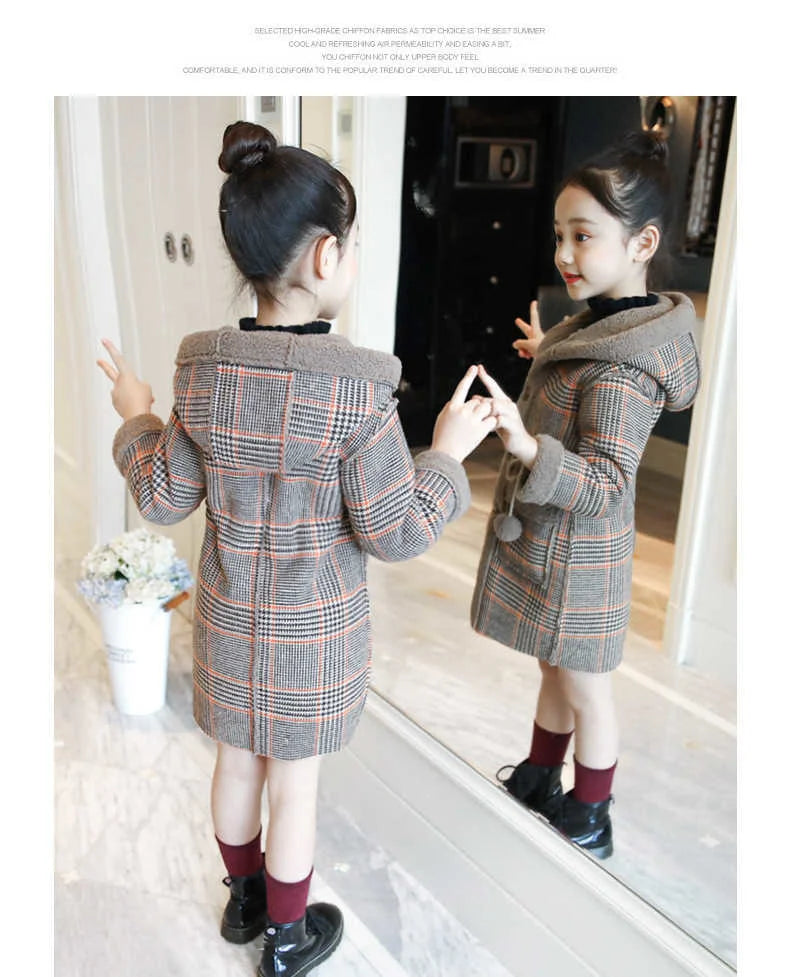 2024 Fashion Design Autumn Winter parka Girl Hairy clothes Long Woolen Coat for Kids Outerwear Grid pattern Padded Warm clothing