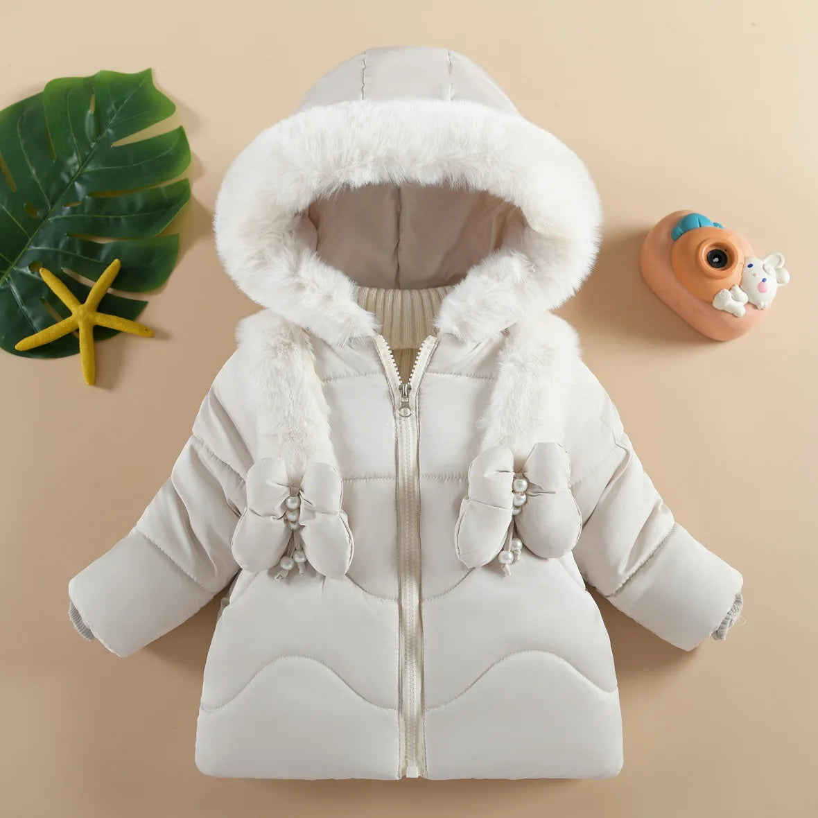 1 2 3 4 Years Baby Girls Jacket Winter New Solid Color Butterfly Decoration Lining Plush Warm Hooded Zipper Down Cotton Outwear