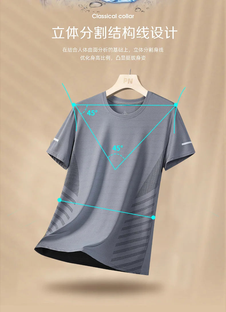 Running T-shirt Men Summer Ice Silk Thin Mesh Tops Reflective Print Quick Dry Short Sleeve Casual Elastic Fitness Sports Shirts