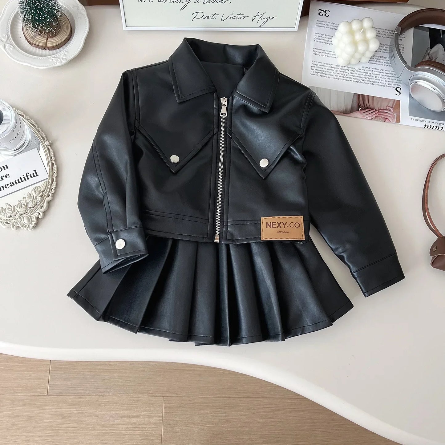 Two-piece Set for Girls Handsome Lapel Solid Leather Top + Solid Leather Pleated Skirt  Kids Clothes Girls  Toddler Girl Clothes