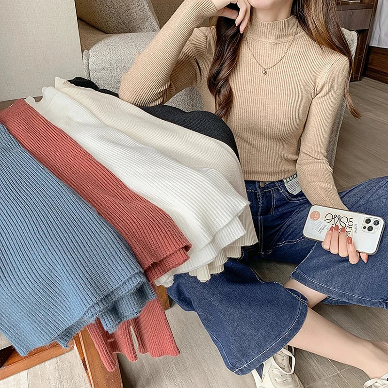 Mock Neck Women Sweater Vintage Basic Solid Knitted Tops Casual Slim Pullover Autumn Winter Korean Tops Simple Chic Jumpers