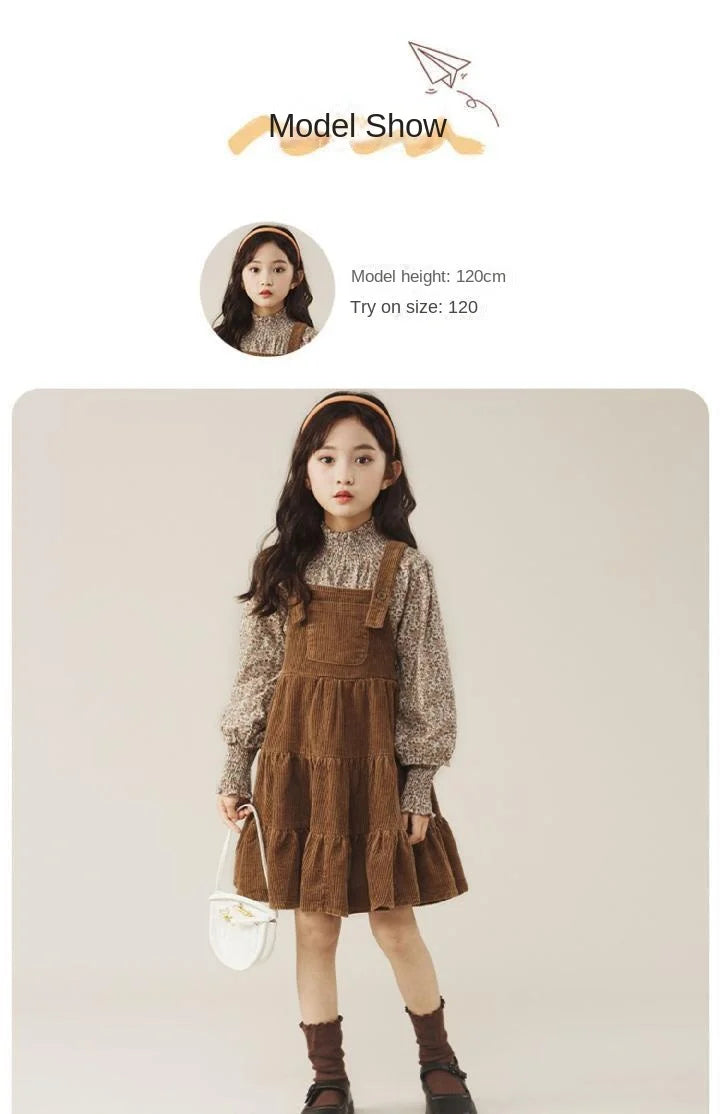 Autumn Children's Girls Daisy Printed Full Sleeve Tshirts and Flannel Suspenders Dress Set Elegant Lolita Spring Clothes