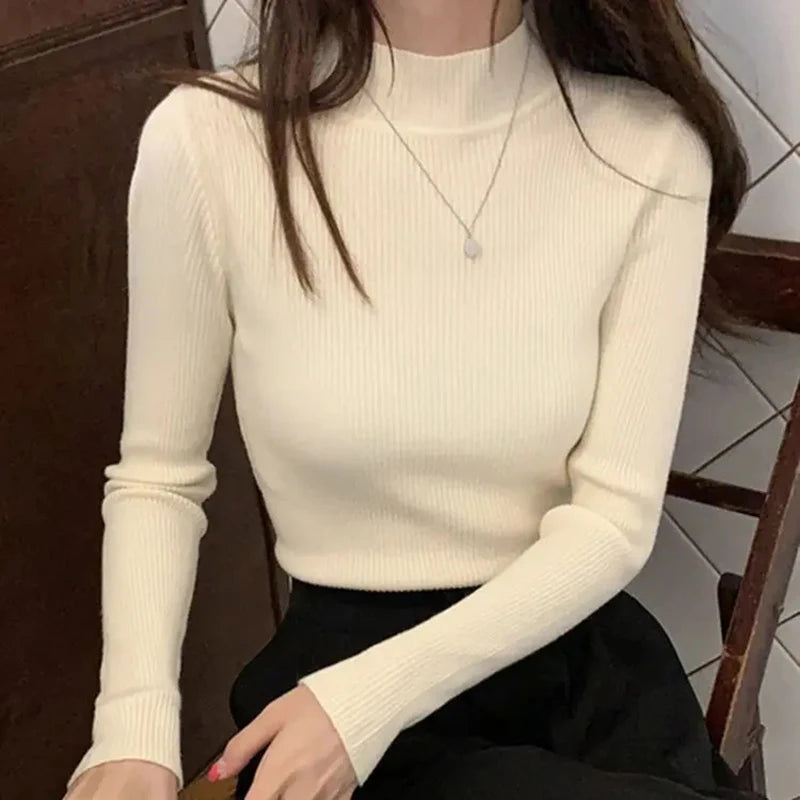 Mock Neck Women Sweater Vintage Basic Solid Knitted Tops Casual Slim Pullover Autumn Winter Korean Tops Simple Chic Jumpers