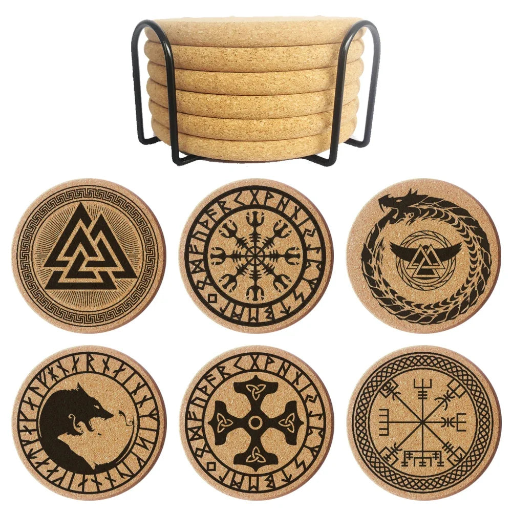 Fashion Cork Coaster 0.8cm Thicken Engraved Viking Style Tea Coffee Mug Holder for Kitchen Mat Tableware Round Drink Coasters