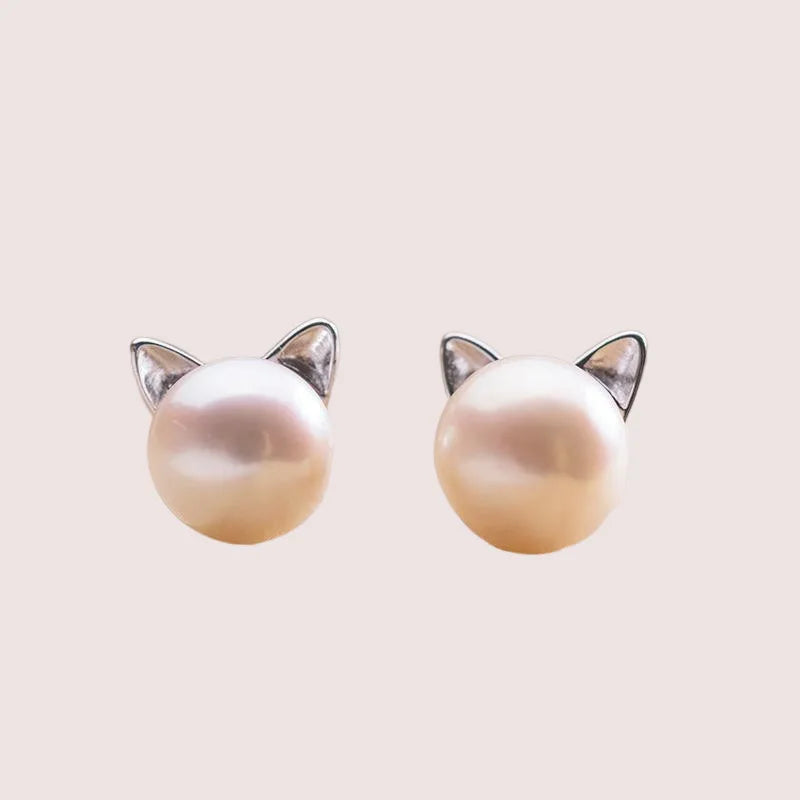 2024 Fashion Earings Jewelry Silver Color Small Pearl Cat Stud Earrings for Women Girls Summer Flower Earring