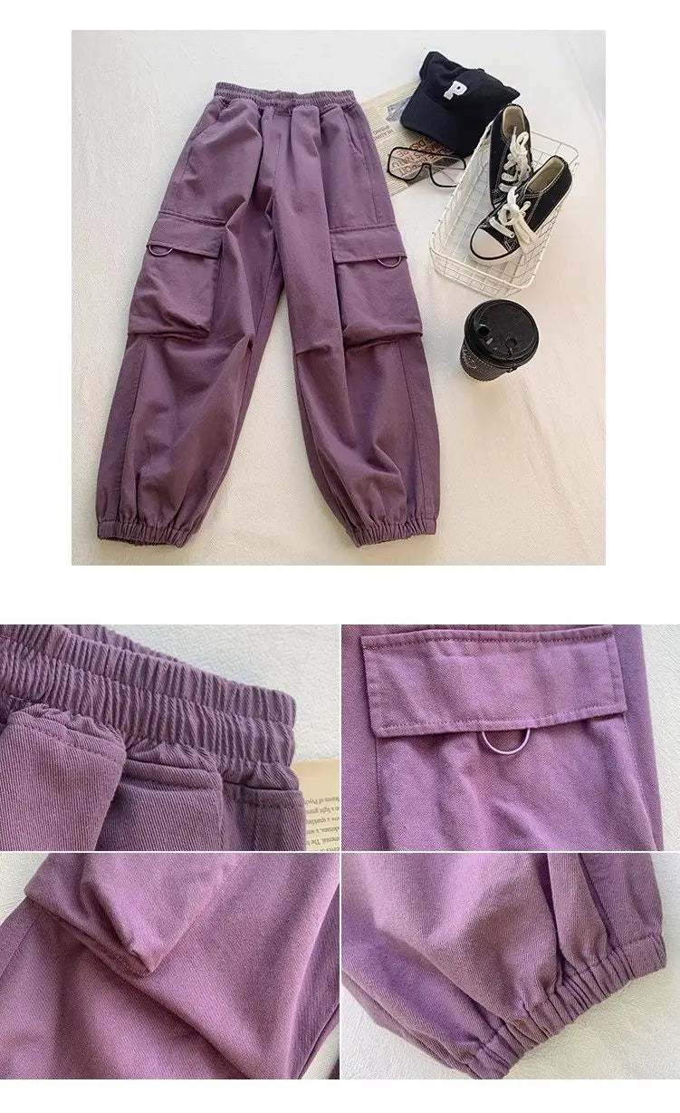 Girls Purple Casual Pants Big Children's Clothing Korean Black Cargo Long Pants Girls 2024 Spring Fashion New Cotton Trousers