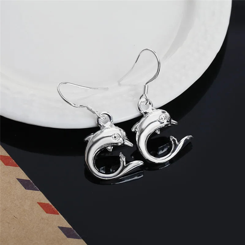 Hot Sale 925 Sterling Silver Cute Little Dolphin Drop Earrings Women Fashion Jewelry Christmas Gifts Long Earrings