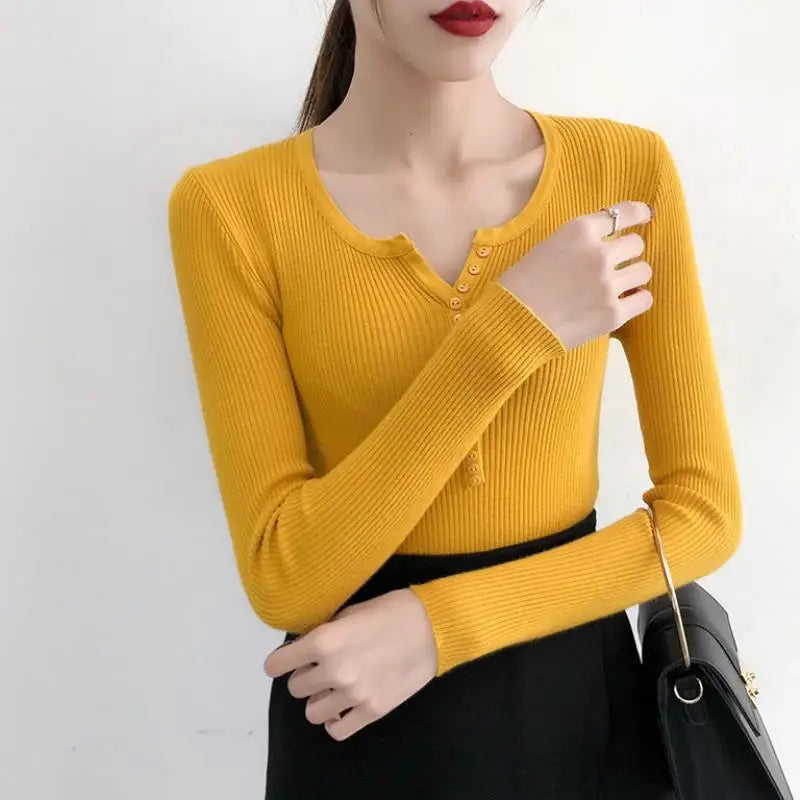 Autumn Winter Button V Neck Sweater Women Basic Solid Slim Pullover Women Sweaters Knitted Casual Jumper Ladies Tops