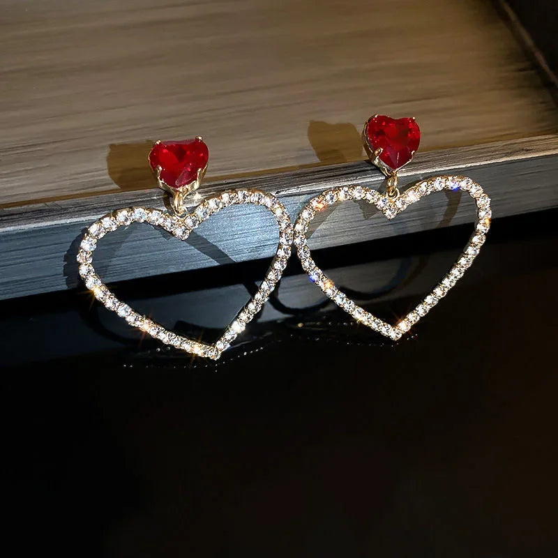 2024 Korean Fashion Jewelry Shining Rhinestone Hollow Heart Drop Earrings for Women Girls Vintage Red Crystal Earrings