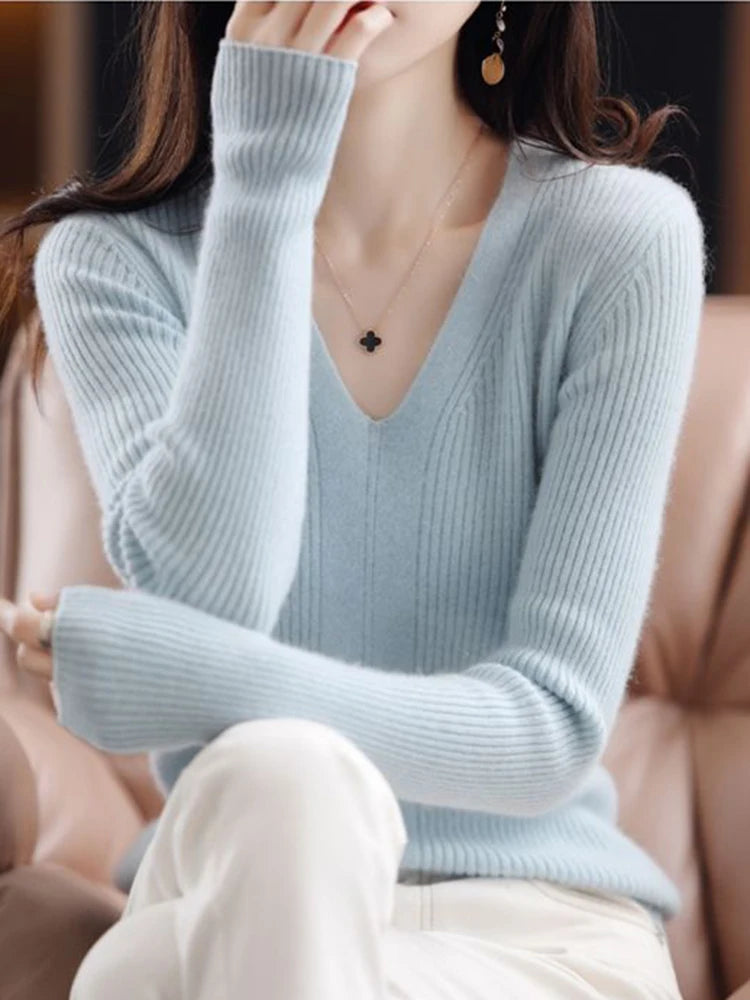 Women Wool V-neck Sweater Bottoming Jumpers Solid Autumn Winter Soft Warm Woman Sweater Knitted Basic Slim Pullovers Tops