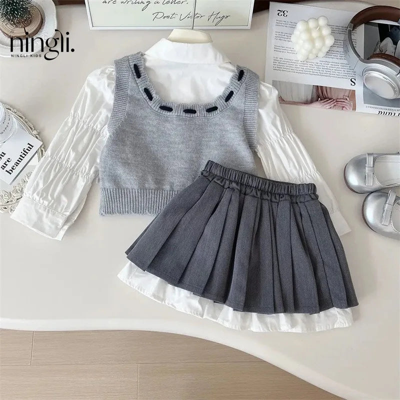 Spring Autumn Children Girl 3PCS Clothes Set Cotton White Ruched Shirts Knitted Bow Vest Pleated Skirts Suit Toddler Girl Outfit