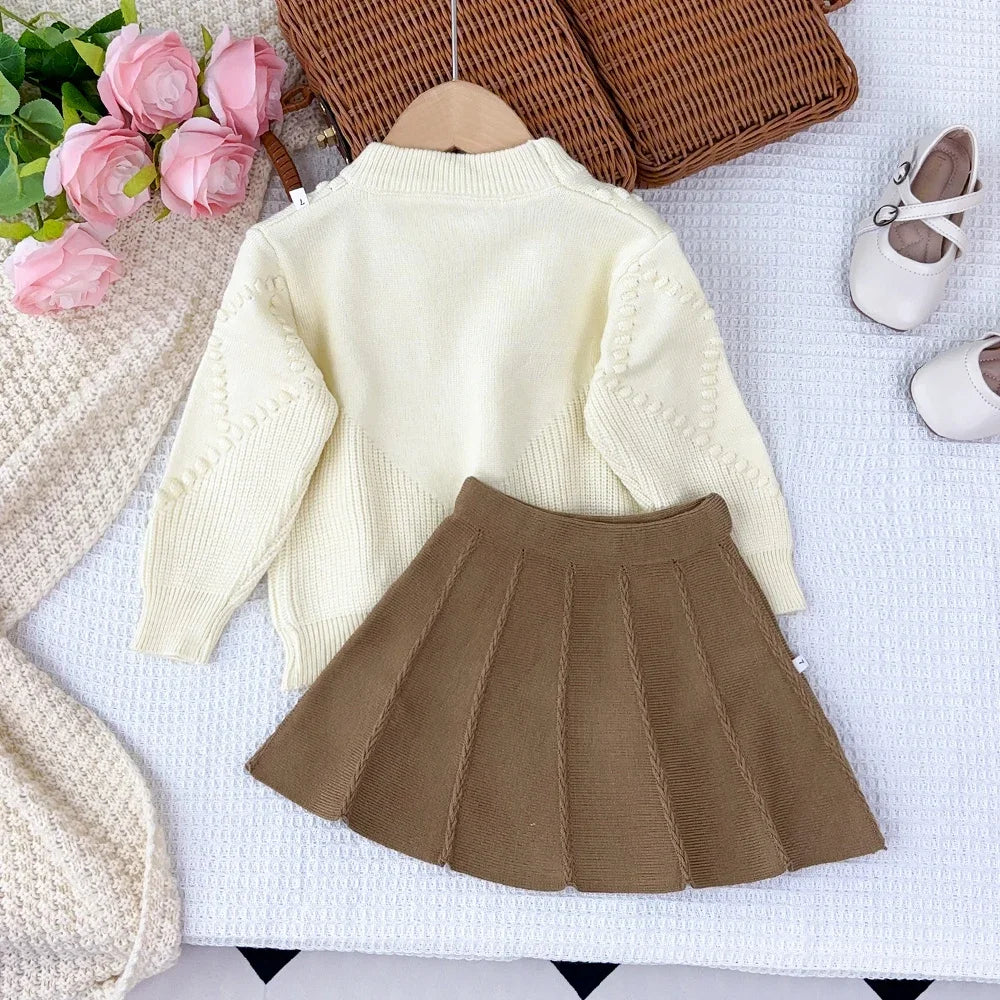 Bear Leader Korean Version College Style Girls Clothes Winter Cute Bow Tie Sets Round Neck Long Sleeved Sweater+A-line Skirt