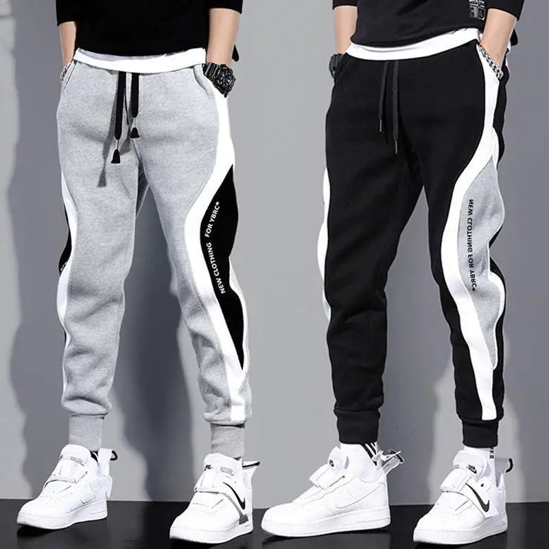 Spring Autumn Men's Wide Loose Casual Pants Mens Patchwork Nine-point Sports  Elastic Rope Breathable Tie-foot Trousers