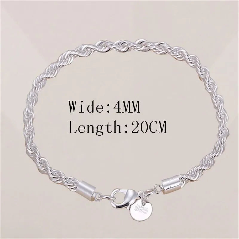 925 Sterling Silver 4MM Twisted Rope Bracelets For Women Men Fashion Minimalist Couple Chain Bracelet Male Unisex Jewelry Gifts