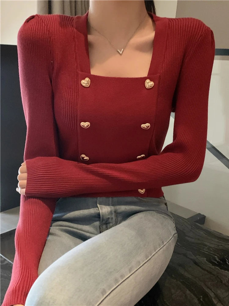 Short Square Collar Crop Top Knitted Sweater Women Korean Clothes Love Button Long Sleeve Sweaters 2022 Autumn Winter Pullover