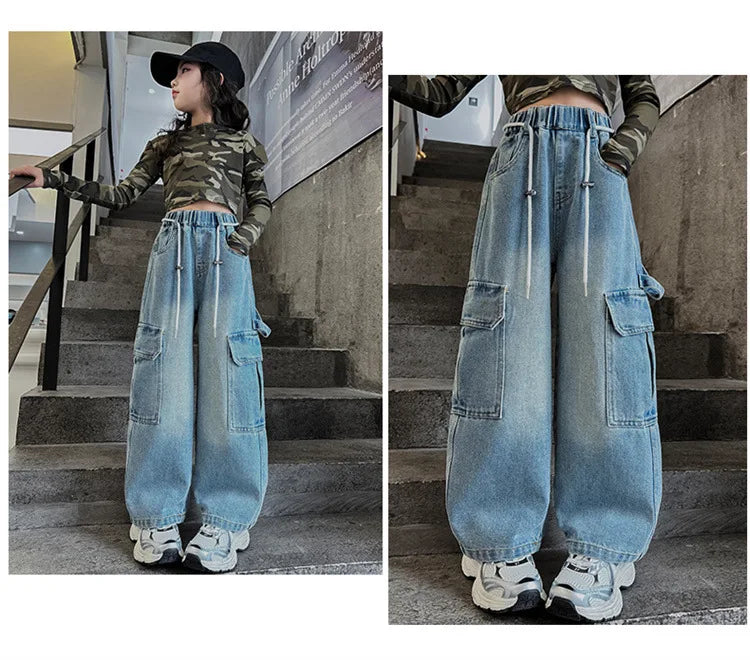 Cargo Jeans for Girls Spring Autumn Loose Casual Elastic Waist Teenage Children Wide Leg Pants Design Streetwear Kids Trousers