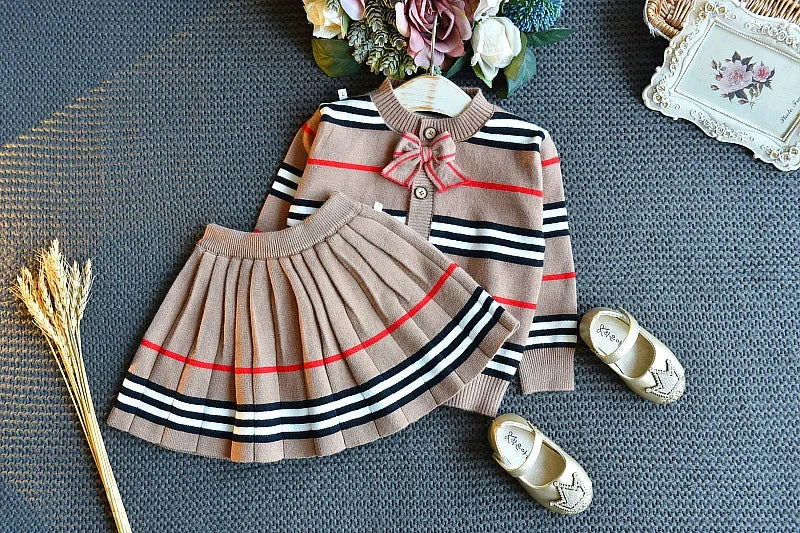 Baby Girl Clothes Set Autumn Winter New Fashion Striped Sweater Suit Cute Bow Knitted Two-piece 2-6 Years Kids Clothing